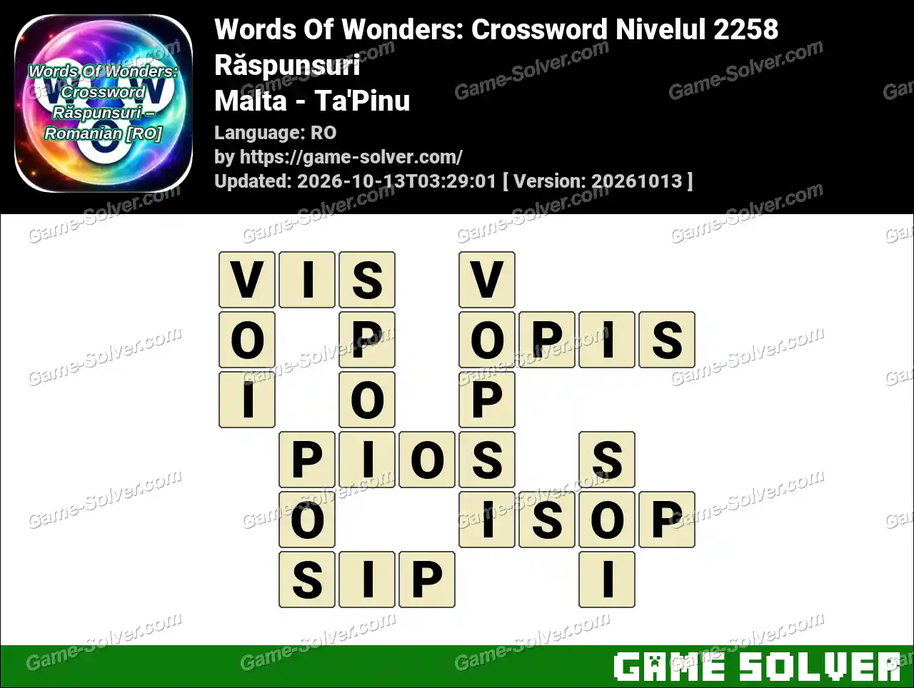 Words Of Wonders: Crossword Nivelul 2258 Răspunsuri – Malta – Ta’Pinu